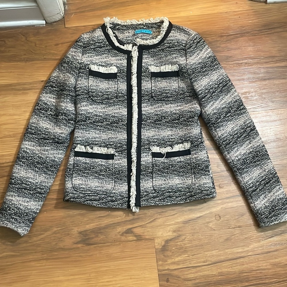 Alice and Olivia tweed gray blush pink white and black blazer jacket